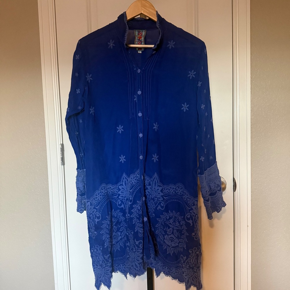 Johnny‎ Was Blue Embroidered Lace Trim Tunic Duster Top Women's Small
